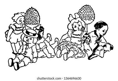 Lots of toys placed together wearing different type of dresses, vintage line drawing or engraving illustration.