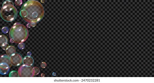 Lots of translucent rainbow soap bubbles located at the left, isolated on a transparent background. Best used on dark illustrations. Transparency only in vector format.