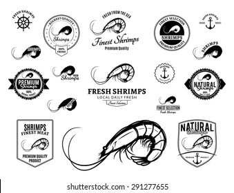 Lots of vector shrimps design elements for your work: labels, badges, emblems and icons.