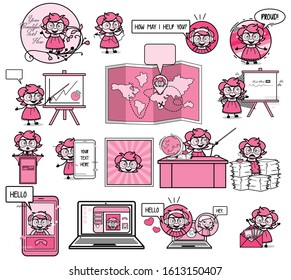 Lots of Vintage Intelligent Girl Character - Set of Concepts Vector illustrations