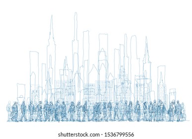 Lots of walking people in the City. Sketch. Busy modern life concept