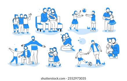 Lots of warm hugs between children, parents and little friends. A happy child hugs his mother with love. Children are playing with a ball. Blue flat vector illustration isolated on a white background