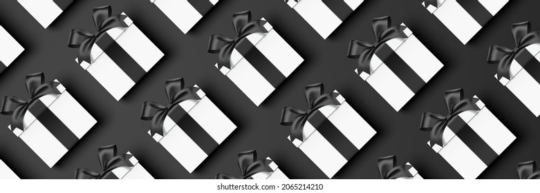 Lots of white gift boxes with black ribbons, lying down in a row on a horizontal background. Black Friday, premium style holiday shopping vector banner design with realistic present boxes.