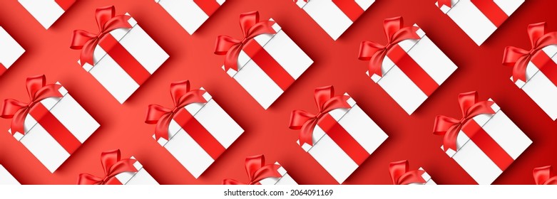 Lots of white gift boxes lying down on a red horizontal background. Christmas, New Year, Birthday, or holiday shopping vector banner design with realistic gift boxes, wrapped with red satin ribbons.
