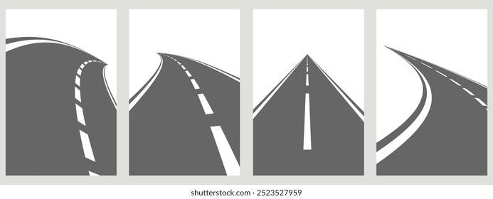 Lots of winding roads. Traveling along a curved highway. Background of the road to the horizon in perspective. Curvy asphalt empty line isolated vector concept.