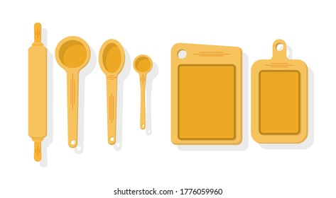 Lots of wooden kitchen tools, utensils, cutlery. Icons in flat style. Set of kitchen tools isolated on a white background. Kitchenware collection. Vector illustration, eps 10.