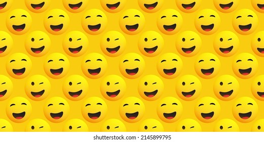 Lots Of Yellow Winking, Smiling Faces - Seamless Emoji, Emoticon Pattern Background, Vector Design