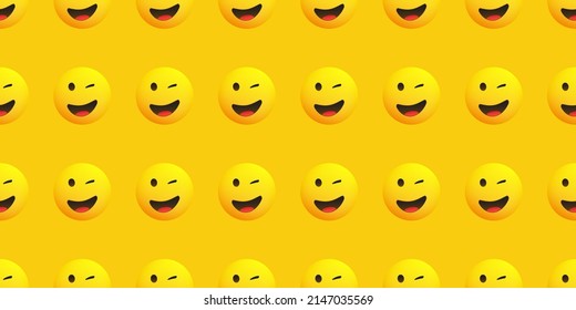 Lots Of Yellow Winking, Smiling Faces - Seamless Emoji, Emoticon Pattern Background, Vector Design