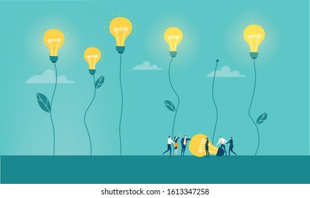 Lots of young creative professional people on light bulbs fields, Abstract illustration, new idea concept, alternative energy. Finding an eco friendly solution.  Working together concept.  