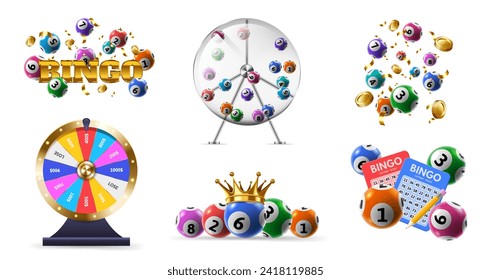 Lotteries game. Fortune wheel, bingo tickets and lottery balls in spinning dispenser. Lucky numbers combination isolated 3D vector illustration set of fortune game money, win wheel luck