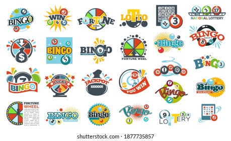 Lotteries label with fortune wheel and bingo symbol. Isolated emblems with inscriptions and balls, ribbons and greetings with victory. Winning loto, lucky gambling or casino. Vector in flat style