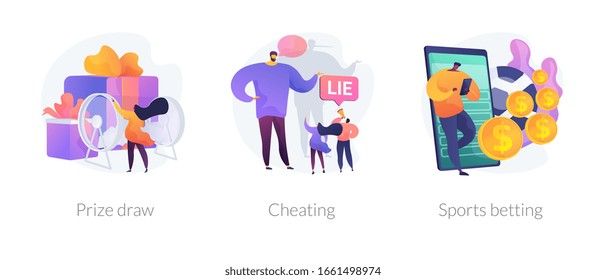 Lottery Awards Raffle, Unfair Victory And Fraud, Internet Gambling Problem Icons Set. Prize Draw, Cheating, Sports Betting Metaphors. Vector Isolated Concept Metaphor Illustrations