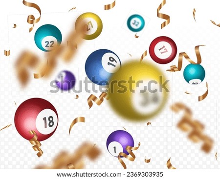 Lottery balls 3d vector bingo, lotto or keno gambling games with confetti. Lottery game balls. Lotto winner.