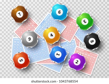 Lottery balls and bingo lucky tickets isolated on transparent background. Sports gambling vector concept. Lucky game bingo and ticket, lottery lotto sphere number ball illustration