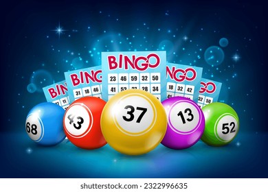 Lottery balls and bingo tickets. Gamble jackpot win, bingo game luck opportunity or gambling lottery lucky bet vector background. Casino lotto fortune chance realistic backdrop with tickets and balls