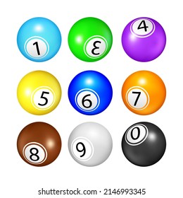 Lottery Balls Gambling Game Accessories Set Vector. Multicolored Lottery Balls With Numbers For Play Gamble Lotto, Winning Money And Leisure Time. Template Realistic 3d Illustrations