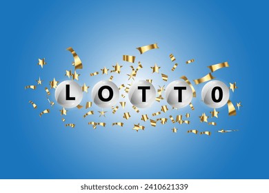 lottery balls isolated on blue glowing confetti background with text lotto