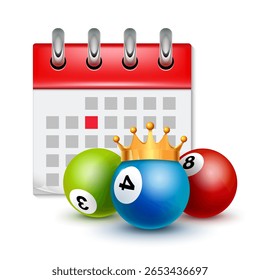 Lottery balls with numbers and golden crown in front of calendar icon representing jackpot draw date or lucky game schedule.