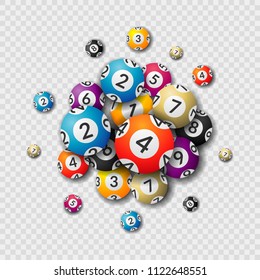 Lottery balls on transparent background. Balls and numbers of lotto vector design. Lotto bingo game luck concept illustration. Realistic  isolated lottery balls.