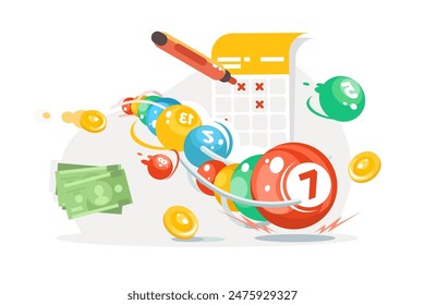 Lottery Balls Ticket Money, Vector Illustration of Lottery Elements and Financial Symbols.