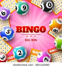 Lottery balls and tickets, 3d vector bingo poster for lotto, bingo or keno gambling games. Colourful realistic balls and betting slips with numbers, gaming industry and casino advertising design