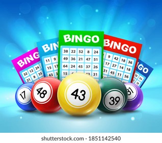 Lottery balls and tickets, 3d vector bingo lotto cards with numbers, keno gambling games. Colourful realistic balls and betting slips with lucky numbers, gaming industry and casino advertising design