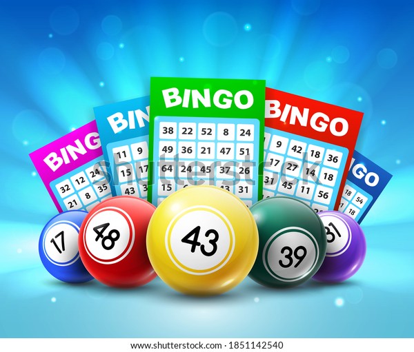 Lottery balls and tickets, 3d vector bingo lotto
cards with numbers, keno gambling games. Colourful realistic balls
and betting slips with lucky numbers, gaming industry and casino
advertising design