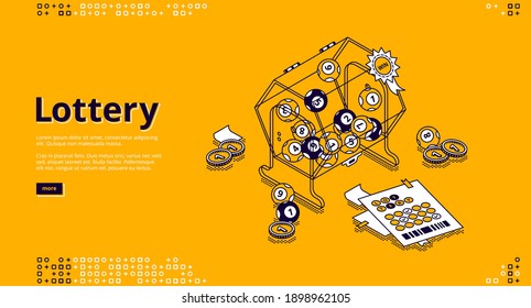 Lottery banner. Gambling, win in bingo games concept. Vector landing page of games of luck with isometric illustration of lotto machine, balls with numbers, tickets and money