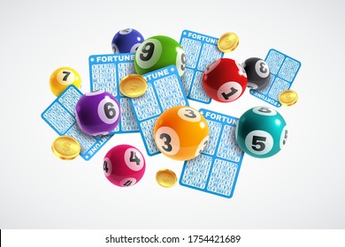 Lottery banner. Realistic lottery tickets and drawing balls with numbers, lucky instant win, lotto game, jackpot internet leisure gambling vector concept