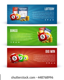 lottery banners with realistic icons balls coins lottery ticket and place for text isolated on white