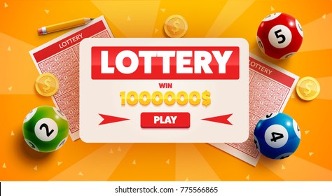 лотерейные баннеры с реалистичными иконками шарики монеты лотерейный билет и место для текста изолированы