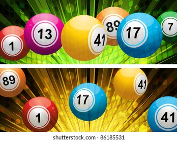 lottery or bingo balls on a snowy Christmas background