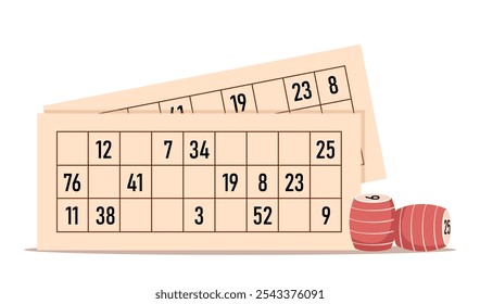 Lottery bingo game, balls with numbers and a lottery ticket. Vectors illustration