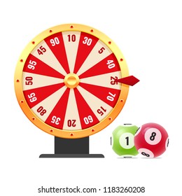 Lottery, Bingo, Lotto, Random Casino Wheel. Spinning Roulette Wheel With Numbers, With Random Combinations. Balls With Numbers For Game, Drawing Prizes In Lotto. Victory, Luck. Vector Illustration.