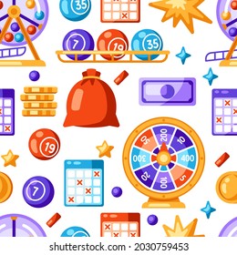 Lottery and bingo seamless pattern. Icons of gambling or online games.