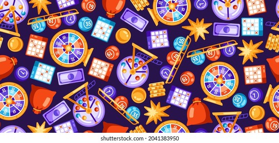 Lottery and bingo seamless pattern. Icons of gambling or online games.