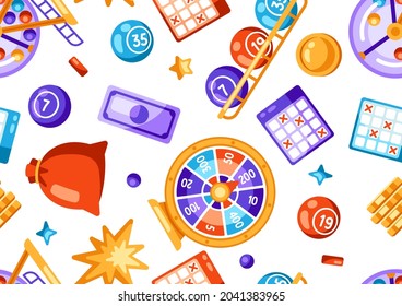 Lottery and bingo seamless pattern. Icons of gambling or online games.