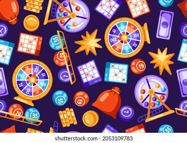 Lottery and bingo seamless pattern. Icons of gambling or online games.