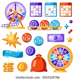 Lottery and bingo set of objects. Icons of gambling or online games.