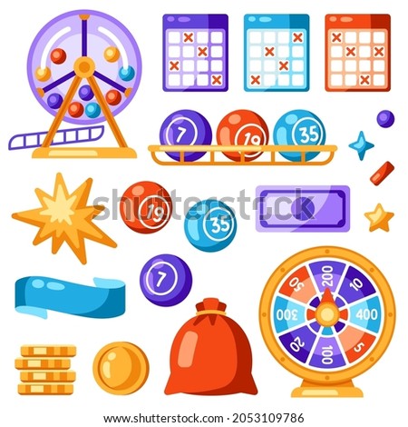 Lottery and bingo set of objects. Icons of gambling or online games.