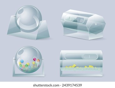 Lottery box raffle drums with balls or stickers set. Empty plastic tombola lucky machine, casino gambling sweepstake vector illustration. Container for random jackpot win