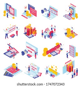 Lottery cards playing online draw results bingo jackpot prize winner celebration isometric icons set isolated vector illustration 