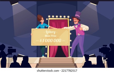 Lottery Cartoon Concept With Happy Woman Holding Winner Cheque Vector Illustration