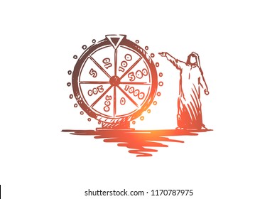 Lottery, Casino, Raffle, Muslim, Arab Concept. Hand Drawn Muslim Man Standing Near Roulette In Casino Concept Sketch. Isolated Vector Illustration.