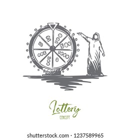 Lottery, Casino, Raffle, Muslim, Arab Concept. Hand Drawn Muslim Man Standing Near Roulette In Casino Concept Sketch. Isolated Vector Illustration.