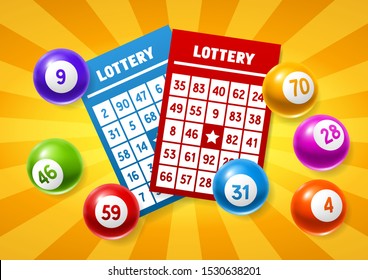 Lottery colored number balls and tickets. Background for gambling sport games.