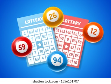 Lottery colored number balls and tickets. Background for gambling sport games.