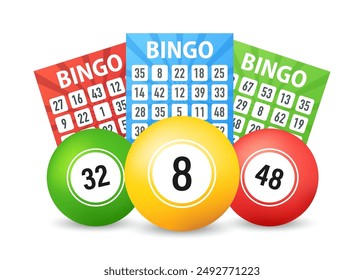 Lottery colored number balls and tickets. Background for gambling sport games. Bingo lottery balls and tickets. Jackpot win, gambling lottery and fortune chance, casino lotto. Vector illustration