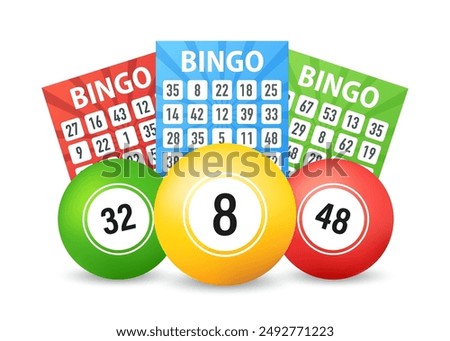 Lottery colored number balls and tickets. Background for gambling sport games. Bingo lottery balls and tickets. Jackpot win, gambling lottery and fortune chance, casino lotto. Vector illustration