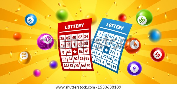 Lottery colored number balls and tickets.\
Background for gambling sport\
games.